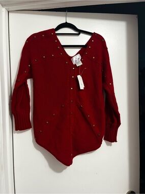 Red Studded V-Neck Women's Sweater